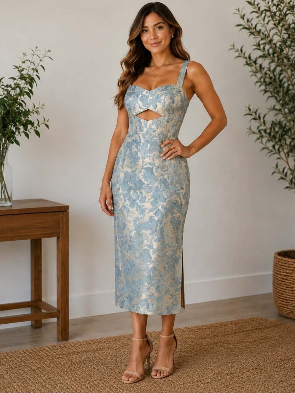 Vici Blue and Cream Floral Cutout Midi Dress